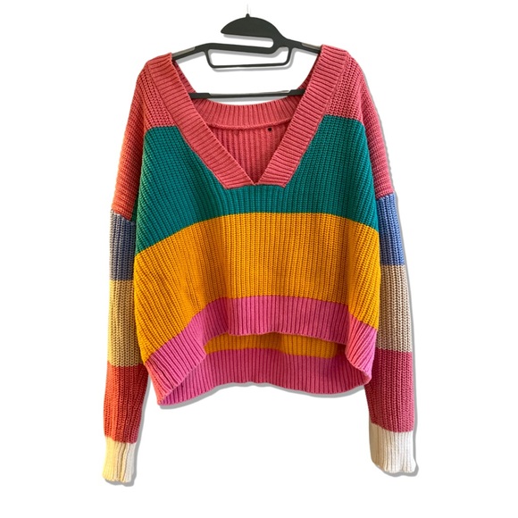 Colorful Color-block Off the Shoulder Rainbow Sweater - Picture 1 of 3